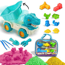 Load image into Gallery viewer, Koolbitz 18 Pcs Kids Dinosaur Theme Magic Beach Sand Play Set Dump Truck, 8 Moulds, 5 Tools, 1kg Sand, and Tray for Indoor Outdoor Play for Kids Ages 3
