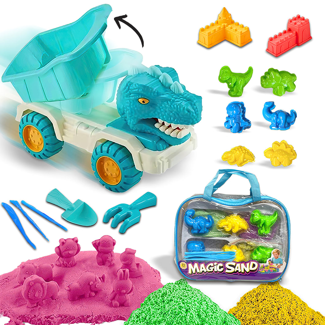 Koolbitz 18 Pcs Kids Dinosaur Theme Magic Beach Sand Play Set Dump Truck, 8 Moulds, 5 Tools, 1kg Sand, and Tray for Indoor Outdoor Play for Kids Ages 3