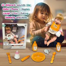 Load image into Gallery viewer, Koolbitz Baby Doll Care Accessories Feeding Playset, 2 Pcs Baby Doll Milk Bottle and Baby Bib, Spoons and Forks and 1 Dinner Plate &amp; Baby lotion, Movable Head Soft Touch Skin Doll Gift for Boy Girl
