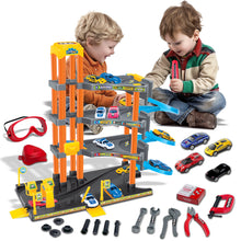 Load image into Gallery viewer, Koolbitz 4-Story Parking Garage Toy Set with Lift, Spiral Ramps, Fuel Station, 4 Cars &amp; 17 Pcs Construction Tool Kit for Kids Ages 3+, Educational Playsets for Boys &amp; Girls

