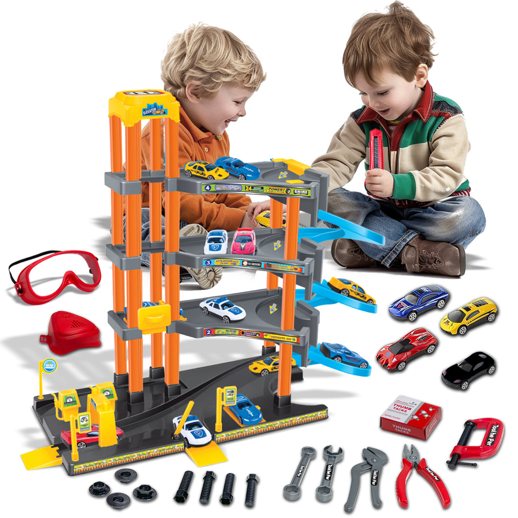 Koolbitz 4-Story Parking Garage Toy Set with Lift, Spiral Ramps, Fuel Station, 4 Cars & 17 Pcs Construction Tool Kit for Kids Ages 3+, Educational Playsets for Boys & Girls