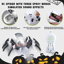 Load image into Gallery viewer, Koolbitz Interactive RC Spider Toy with Music, Light, and Mist Spray Effects Robotic Spider for Kids with Remote Control - Birthday Halloween Christmas Easter Toys for Kids Indoor Outdoor Fun
