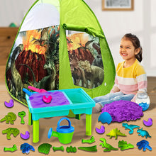 Load image into Gallery viewer, Koolbitz 24 Pcs Dinosaur Sand Playset with Foldable Tent and Sand Table – Includes Random Color Dinosaur Egg, Dinosaur Molds, Tools, and Non-Toxic Sand – Perfect for Children 3 and Up
