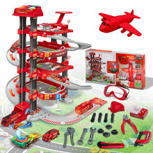 Load image into Gallery viewer, Koolbitz 2-in-1 Garage Parking Lot and Construction Tool Playset for Kids, 4-Story Parking Garage Toy with Lift, Sound, Light, 17pcs Tool Set for Ages 3 and Up
