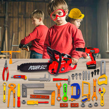 Load image into Gallery viewer, Koolbitz 38 Pcs Kids Construction Tool Playset Toy- Red Chainsaw Toy with Sound Effects, Pretend Drill Toy, Helmet and Accessories Toy- Educational Role Play Toy for Boys and Girls Ages 3+
