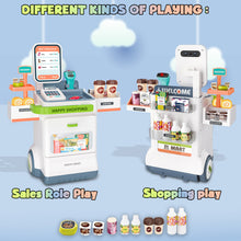 Load image into Gallery viewer, Koolbitz Pretend Play Shop Supermarket Checkout Playset with 48 Accessories for Kids Educational Grocery Store Stand with Realistic Food Items, Cash Register, Scanner, and Mobile Payment Options
